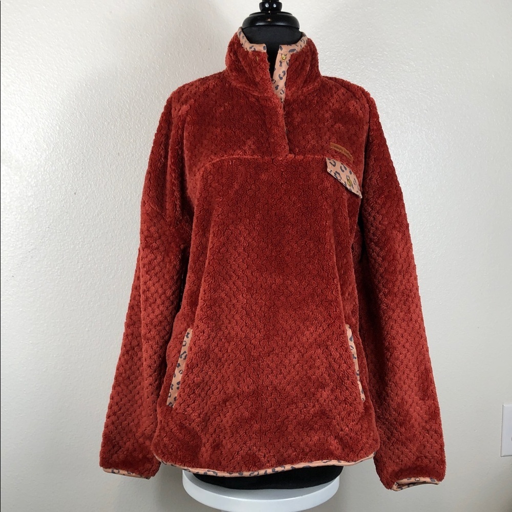 Simply Southern Pullover Orange Spice Leopard Sherpa Size Large
